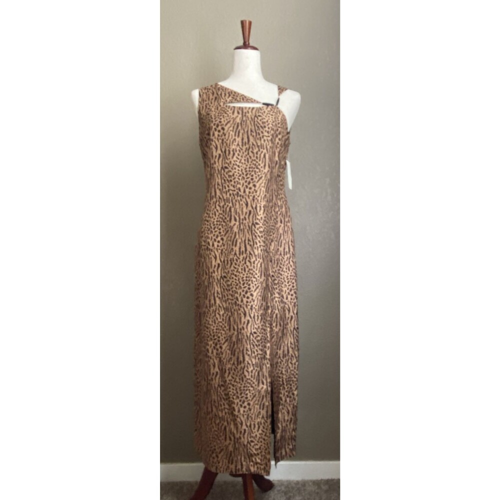 Robbie Bee 100% Silk Leopard Print Dress Women's 6 Sleeveless Maxi NWT